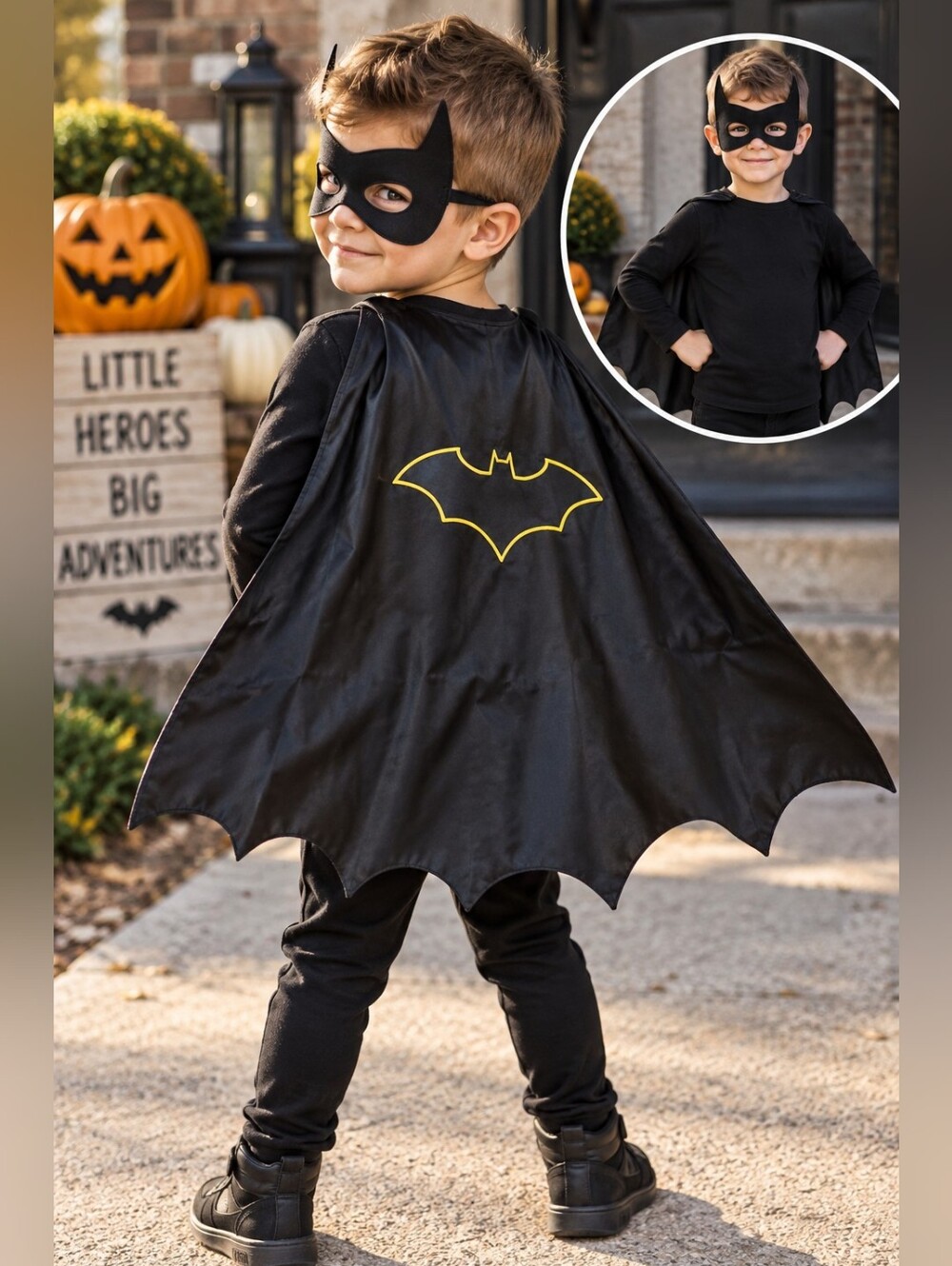 Batman Kids Black Superhero Cape Yellow Bat Logo Halloween Costume